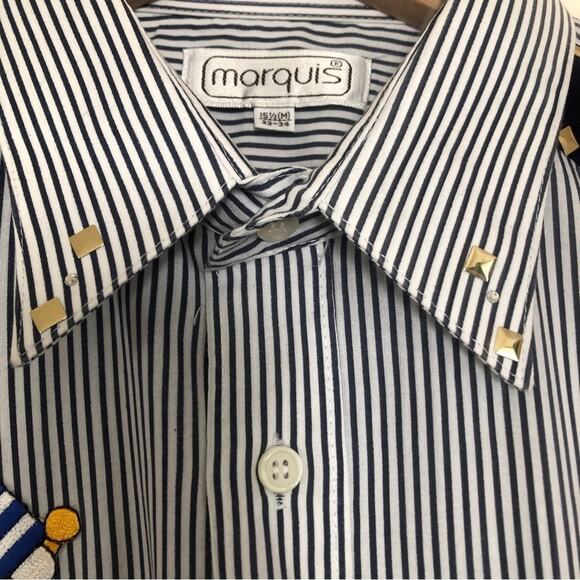 Marquis Nautical Sailor Striped Bedazzled Long Sleeve Button Up Collar Shirt Top - Picture 4 of 8